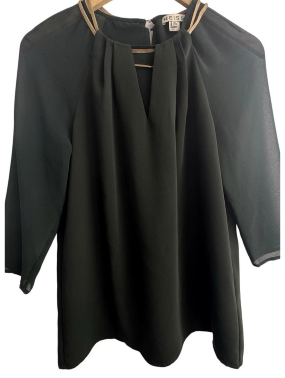 NWOT REISS Dark Green Blouse long sleeve with Gold Chain Neckline Detail US 6